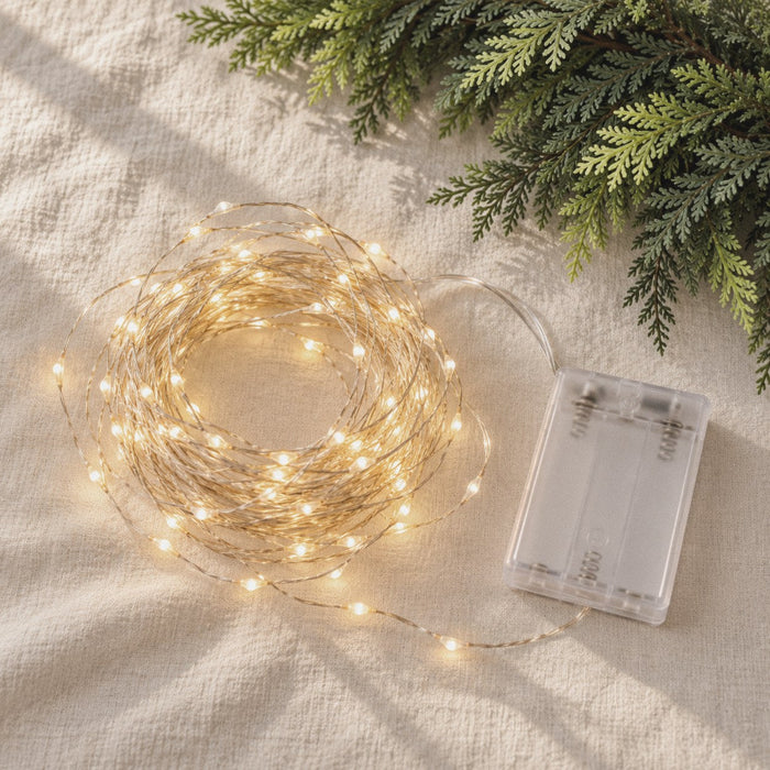 Warm white fairy lights coiled on cream linen with their battery box