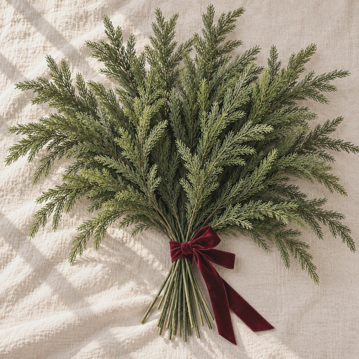 Twelve faux Norfolk pine stems tied with an oxblood velvet ribbon