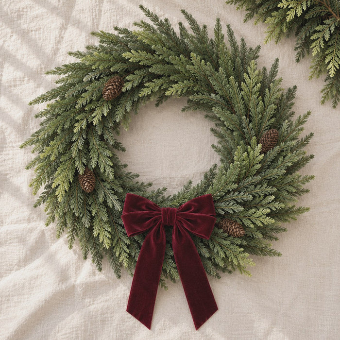 24 inch faux Norfolk pine wreath with an oxblood velvet bow